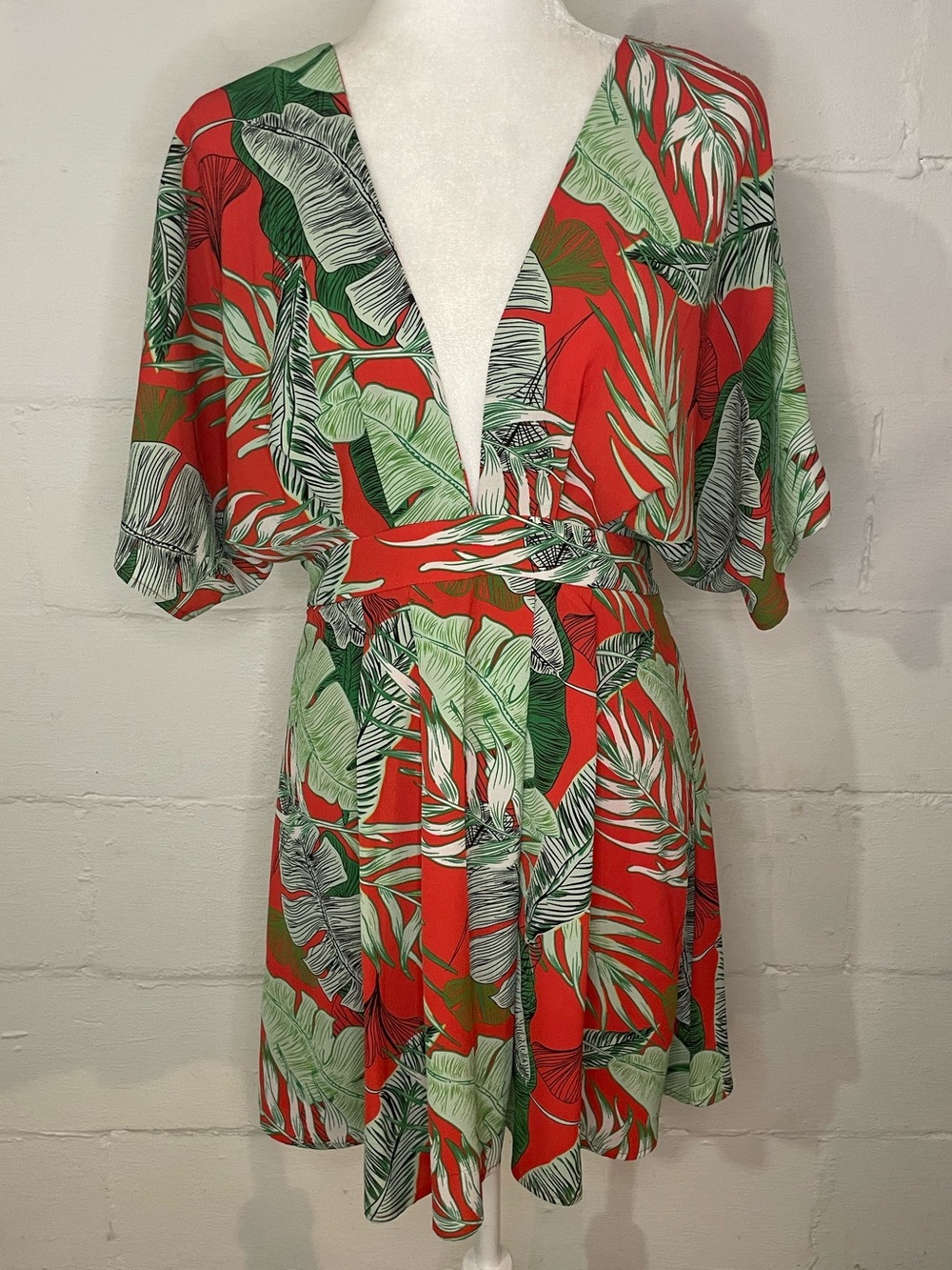 Tropical Red Leaf V-Neck Mini Dress